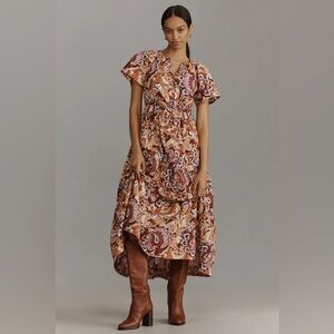 Anthropologie Somerset Maxi Dress Size XS Bronze Red Paisley Print